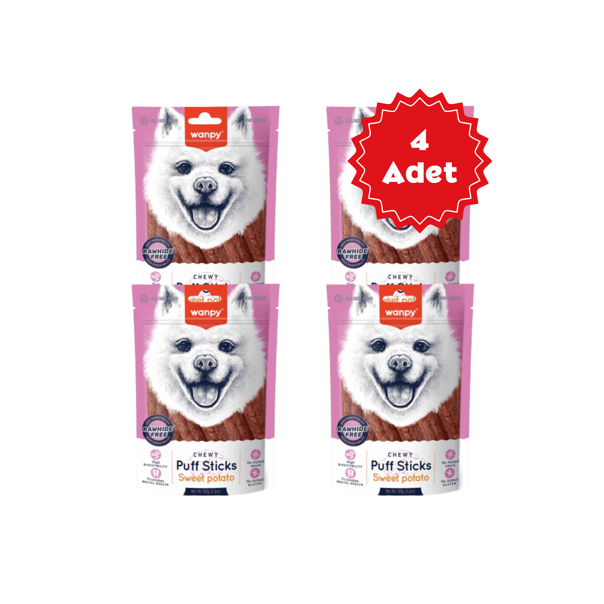  Wanpy Chewy Puff Sticks Tahılsız Tatlı Patatesli Köpek Ödül Maması 100grX4 Adet