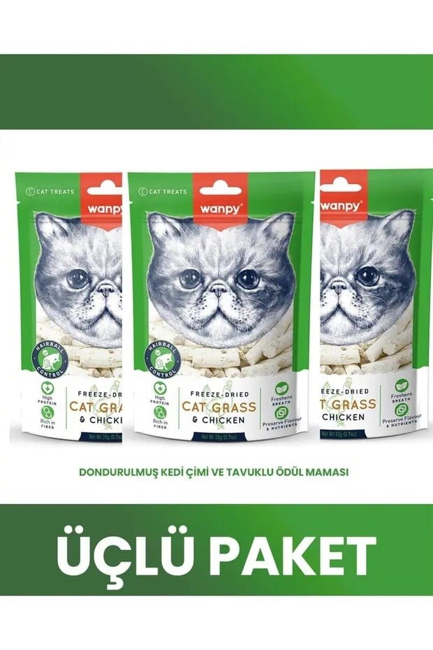  Wanpy Kedi Dondurulmuş Kedi Çimi ve Tavuklu Kedi Ödülü 20 Gr x 3 Adet