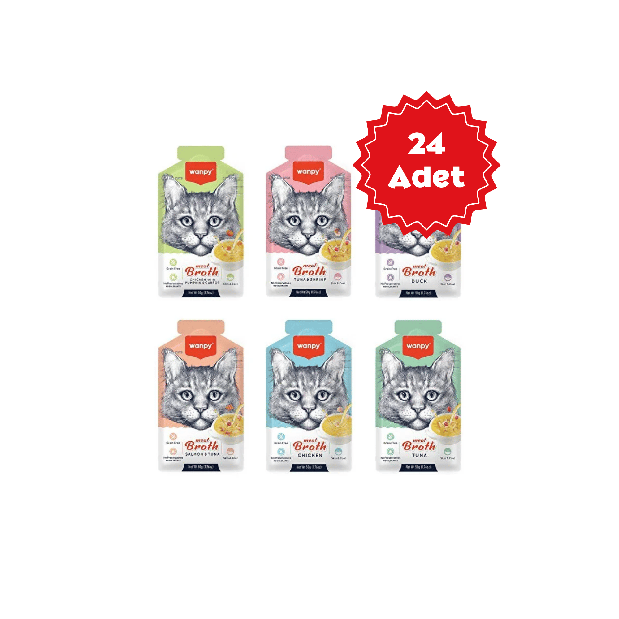  Wanpy Meat Broth Kediler için Karışık Set Tahılsız Ek Besin Çorbası 50gr x 24 Adet