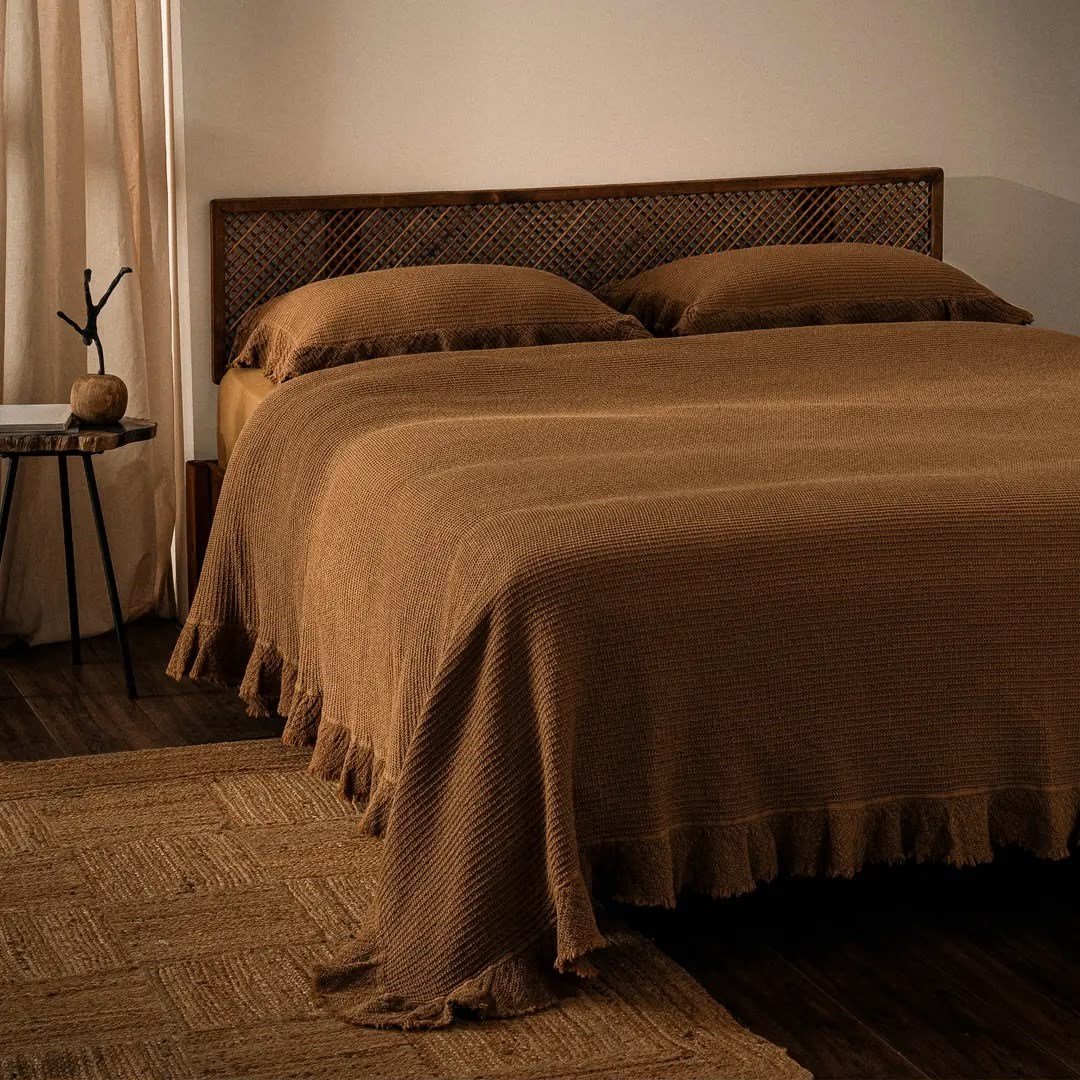Eco Cotton Dina Çift Kişilik Organik Pamuk Pike Yatak Örtüsü Seti Kahve