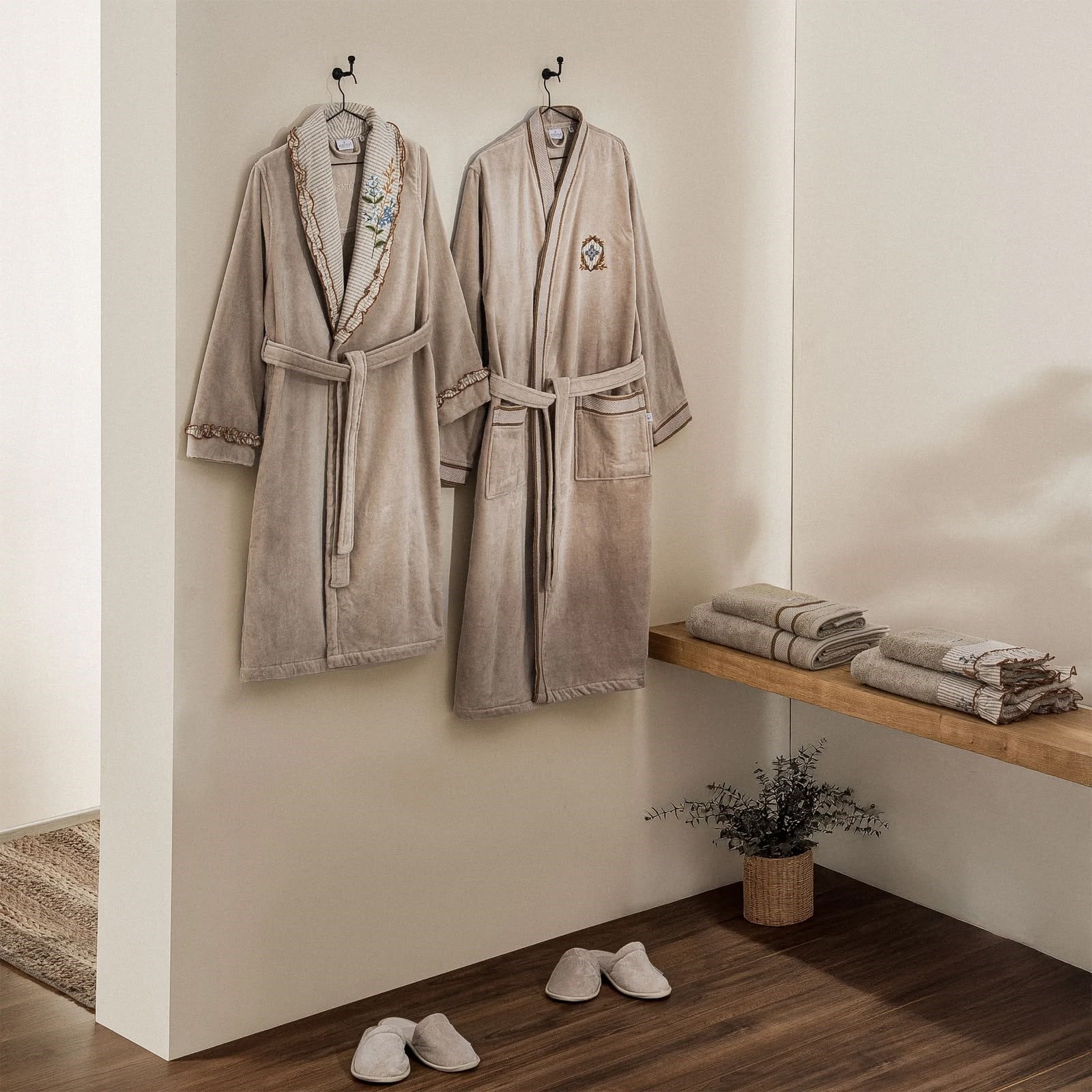 Eco Cotton Latifa Aile Bornoz Seti Organik Pamuk Bej-Bej M/L