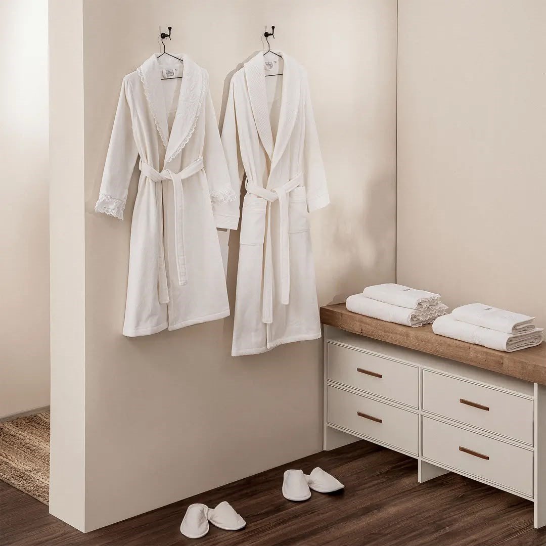 Eco Cotton Paye Aile Bornoz Seti Organik Pamuk Krem-Krem M/L
