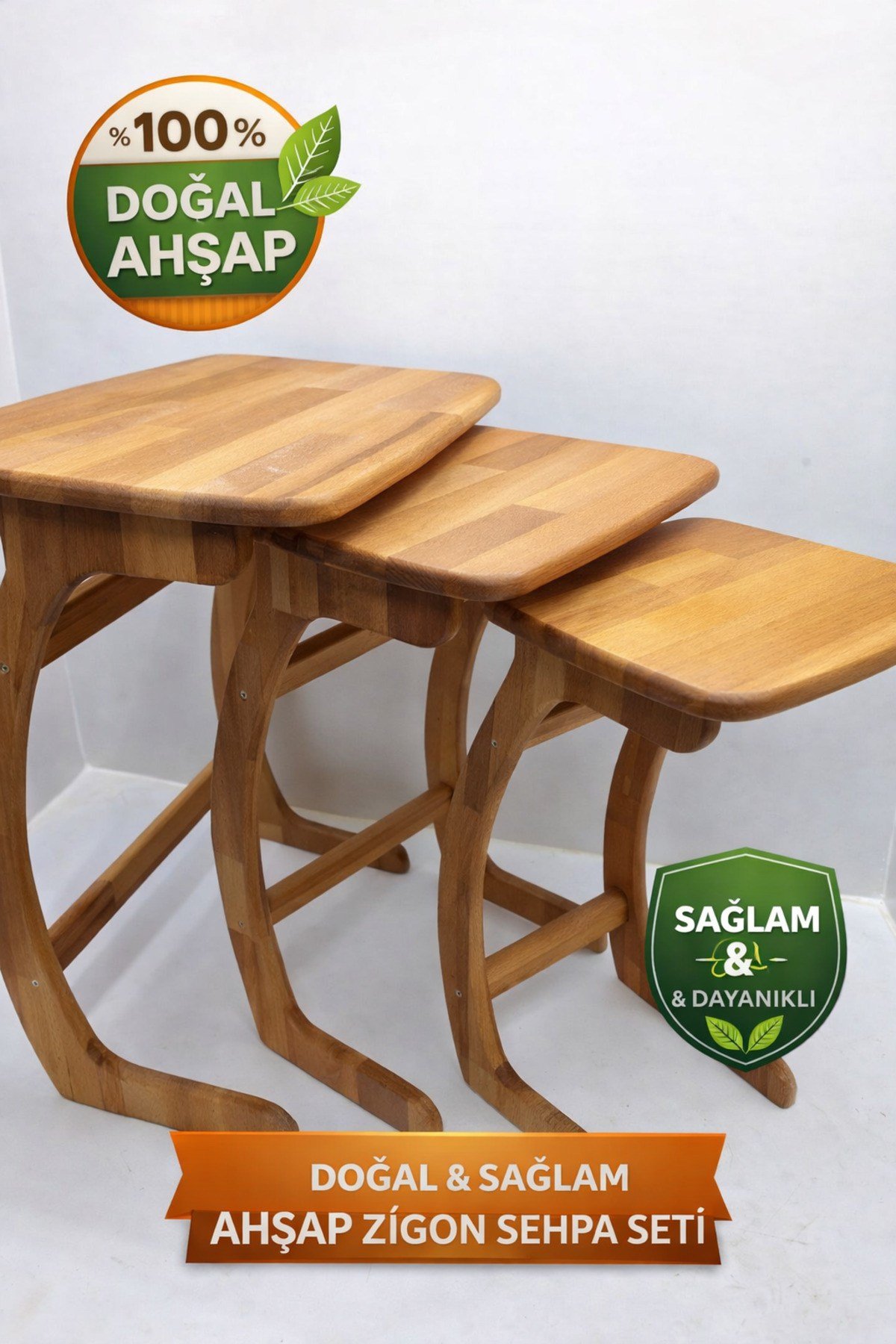 🌿 %100 Doğal Ahşap Zigon Sehpa Seti (3’lü)