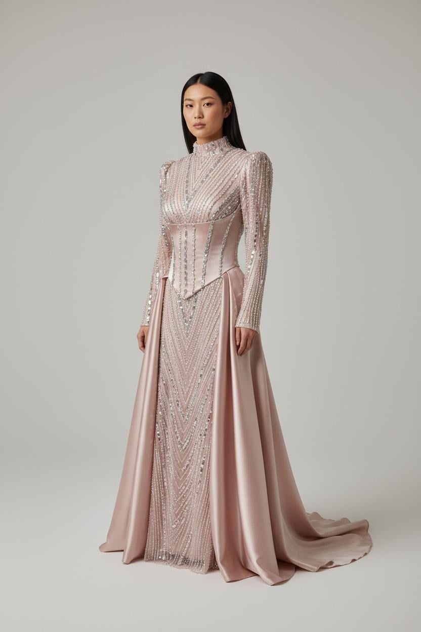 Rose Lumiere Işıltılı Korseli Pudra Tesettür Abiye Elbise