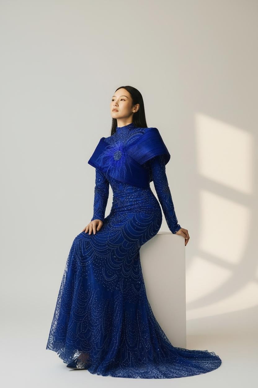 Saks Mavisi Taş İşlemeli Yüksek Yaka Balık Model Abiye Elbise