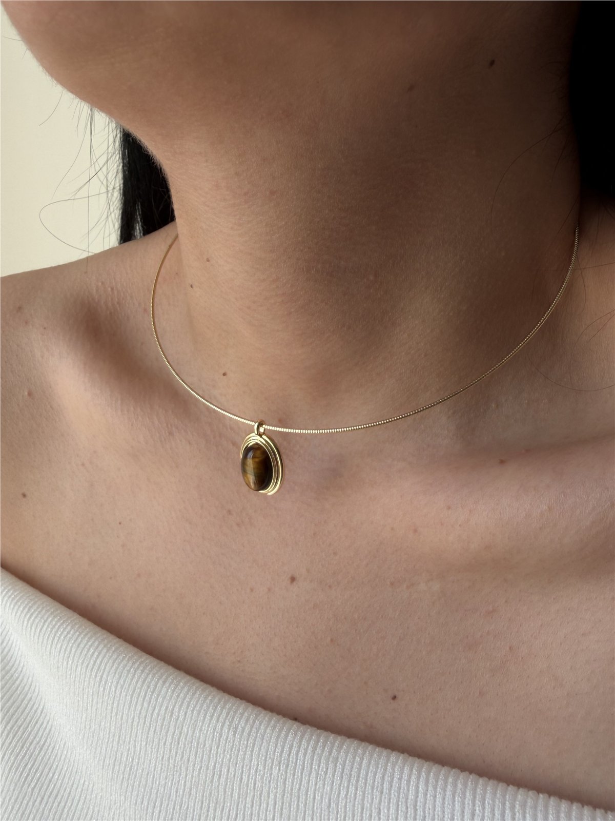 Özel Seri Mineli Oval Choker Kolye Kahve