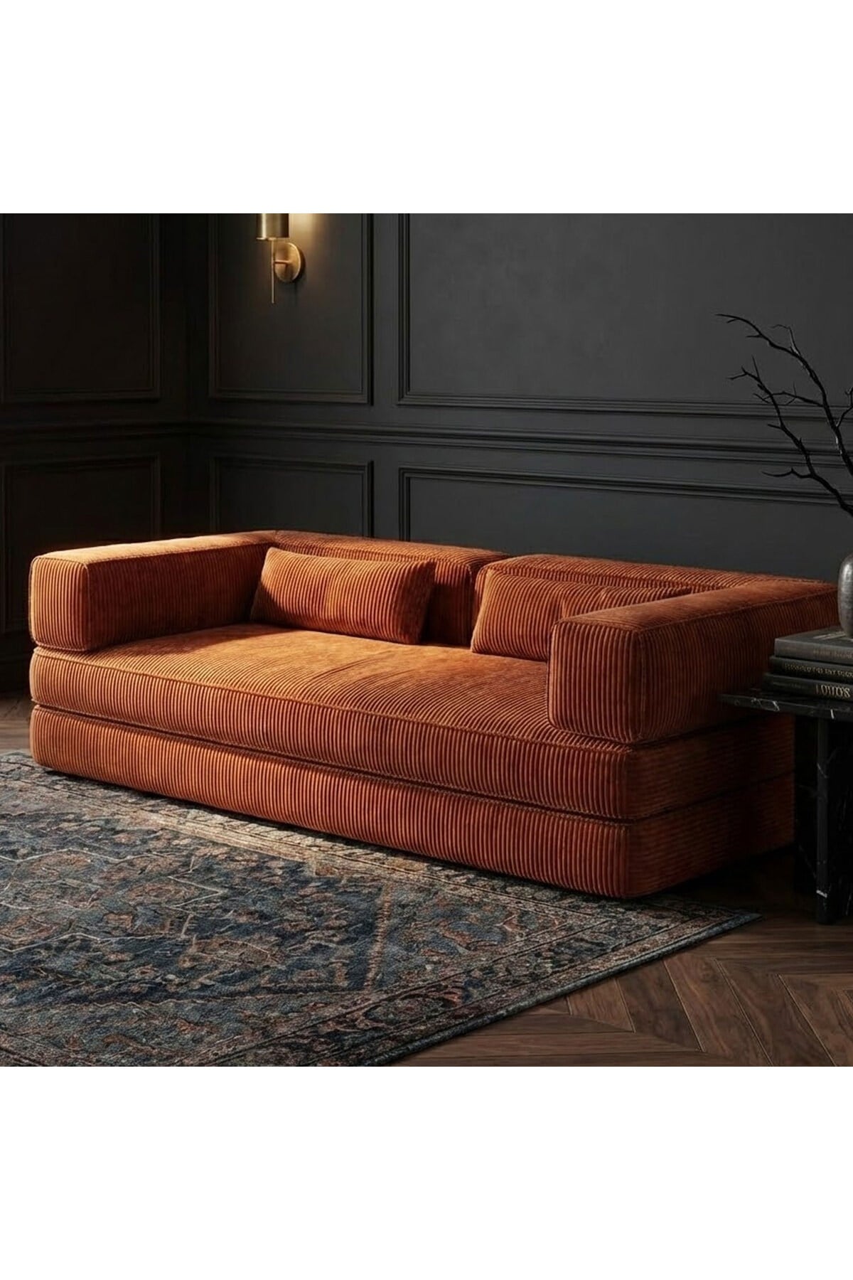 Lüks Tasarım Modüler Fitilli Kadife Yer Kanepesi - Kiremit Rengi Modern Sedir & Lounger