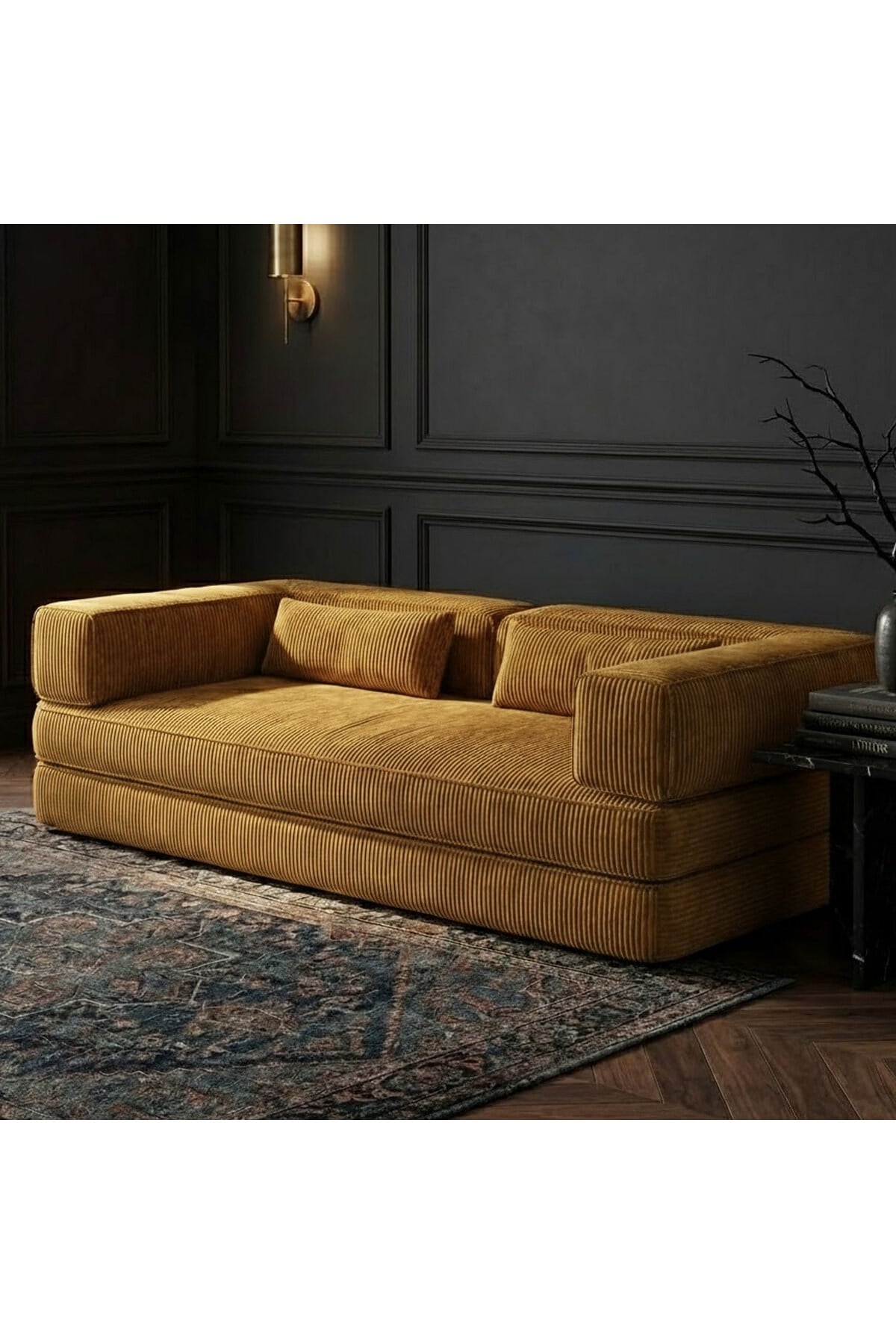Lüks Tasarım Modüler Fitilli Kadife Yer Kanepesi - Kiremit Rengi Modern Sedir & Lounger