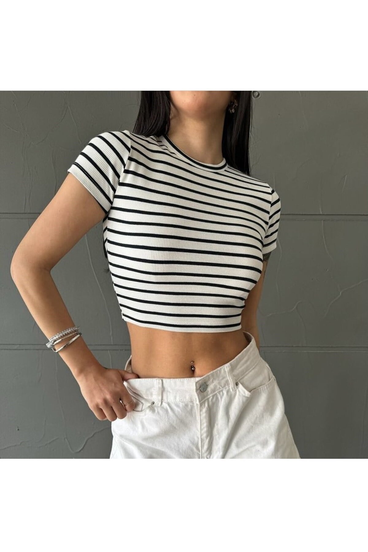 Çizgili Crop Rahat Kumaş