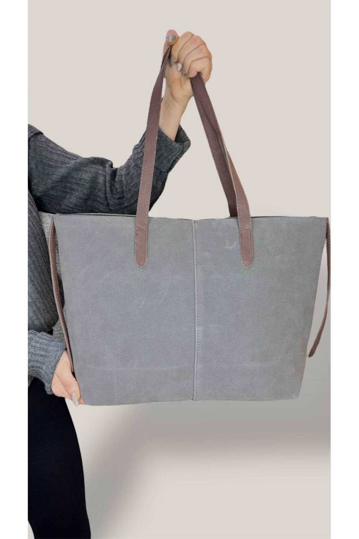 Kadın Süet Geniş Hacimli Fermuarlı Günlük Tote Model Büyük Boy(40x28)