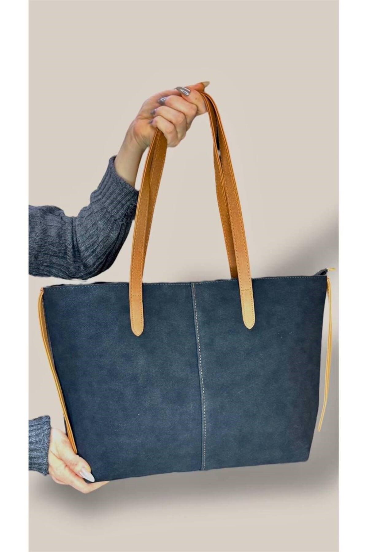 Kadın Süet Geniş Hacimli Fermuarlı Günlük Tote Model Büyük Boy(40x28)