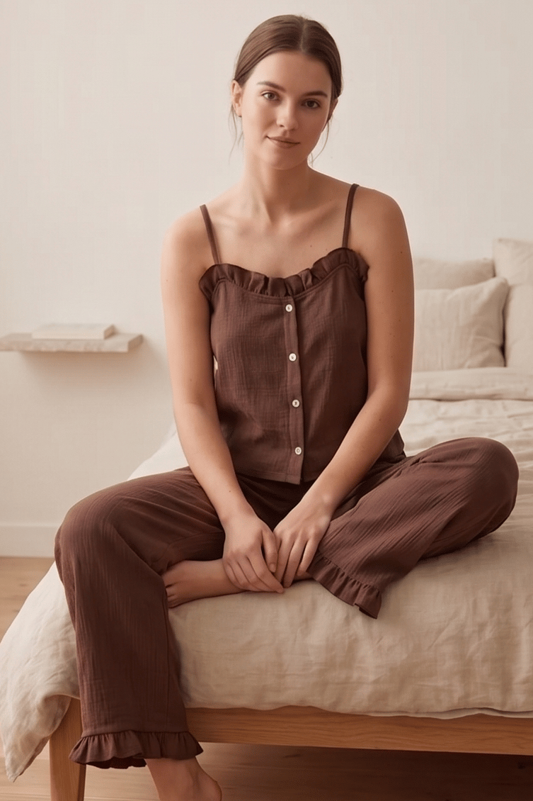 Fırfırlı ve Askılı Kahverengi Pijama Takımı