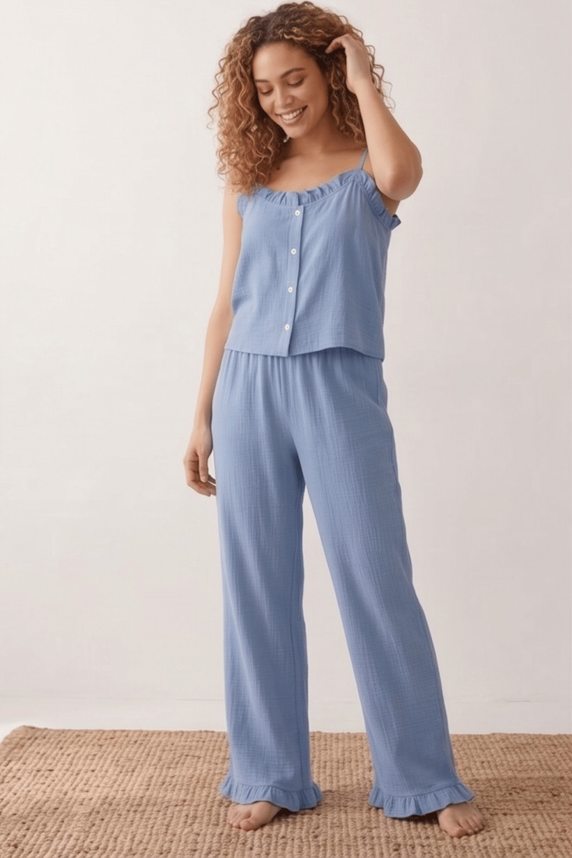  Fırfırlı ve Askılı Mavi Pijama Takımı