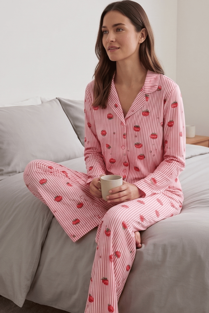 Çilek Desenli Şeritli Pembe Uzun Kollu Pijama Takımı