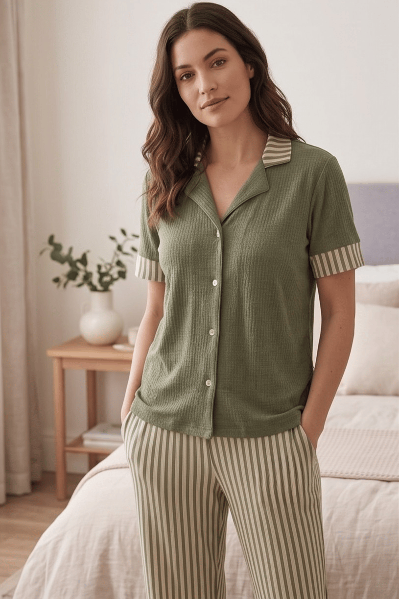 Çizgili Kısa Kollu Haki Pijama Takımı, Şeritli Pijama Takımı