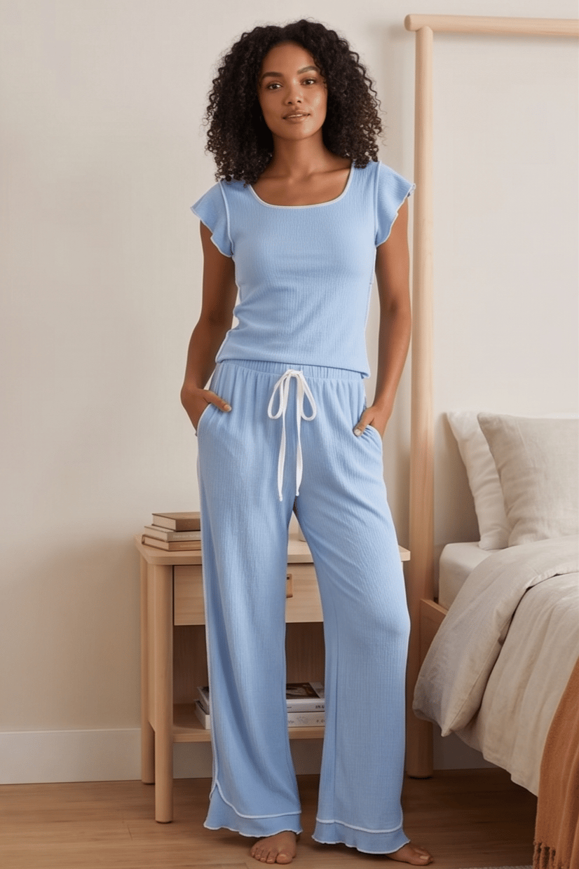 Fırfırlı Bürümcük Kumaş Kısa Kollu Mavi Pijama Takımı