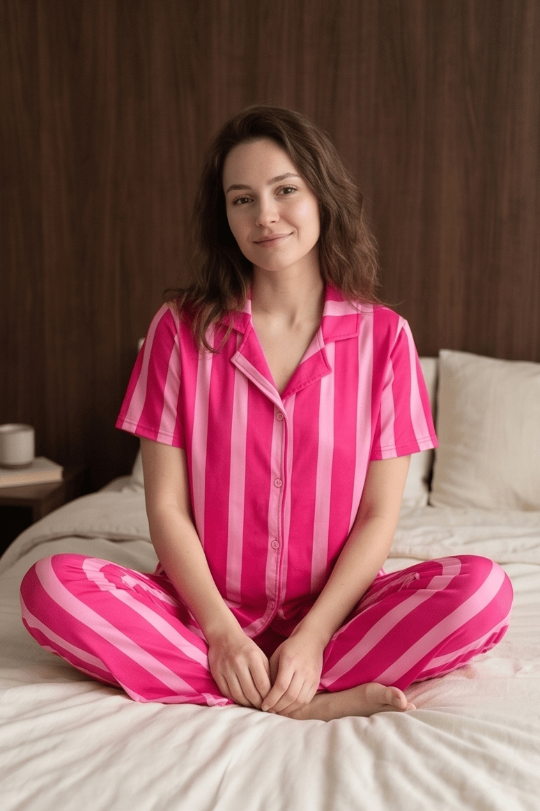 Fuşya-Pembe Çizgili Pijama Takımı, Düğmeli Kısa Kollu Şeritli Pijama Seti