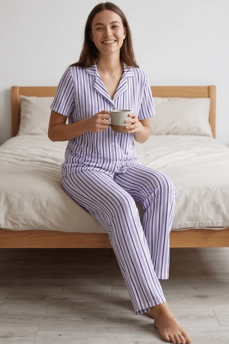 Lila Beyaz Mor İnce Çizgili Pijama Takımı, Düğmeli Kısa Kollu Şeritli Pijama Seti