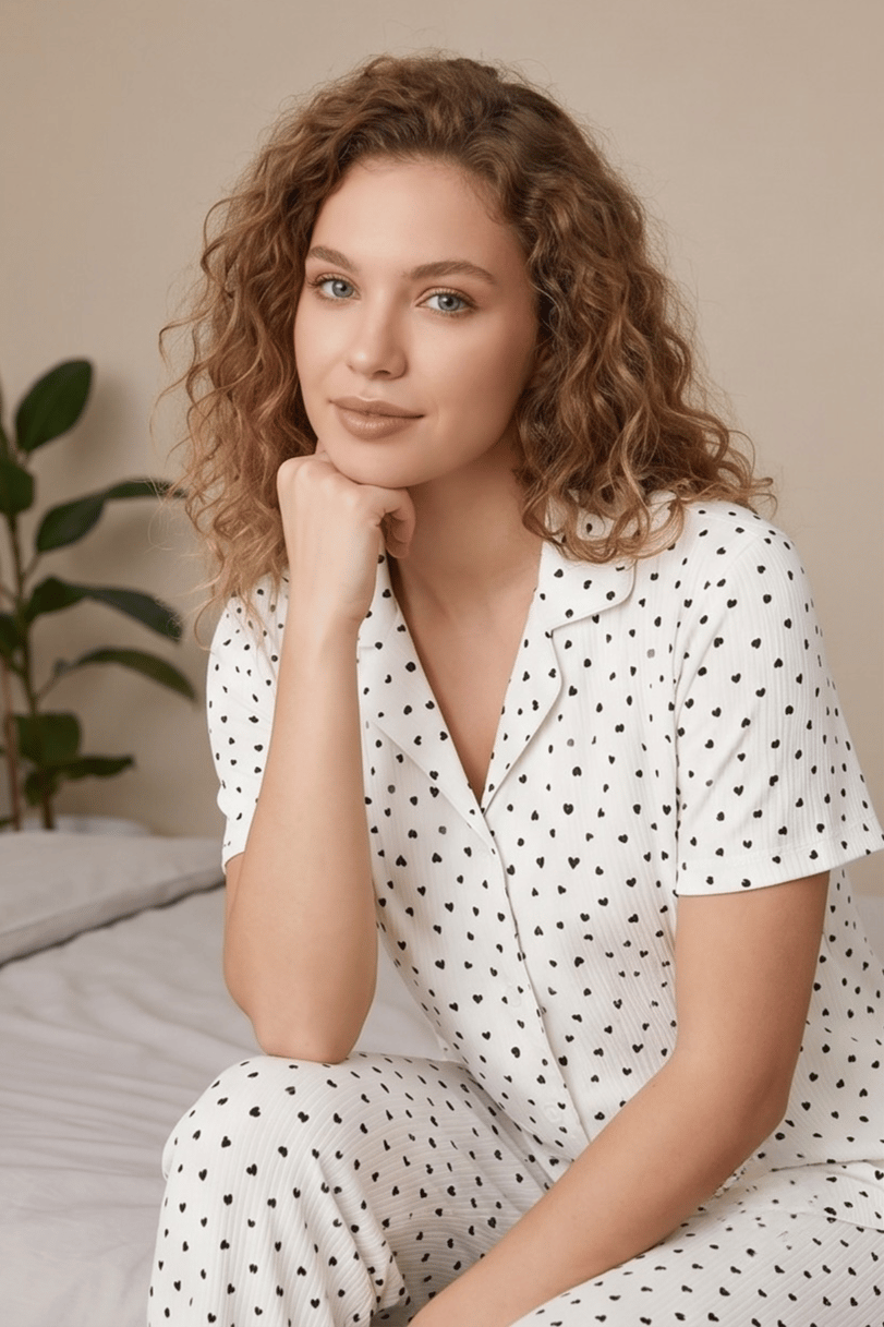 Minik Kalp Desenli Beyaz Kısa Kollu Pijama Takımı