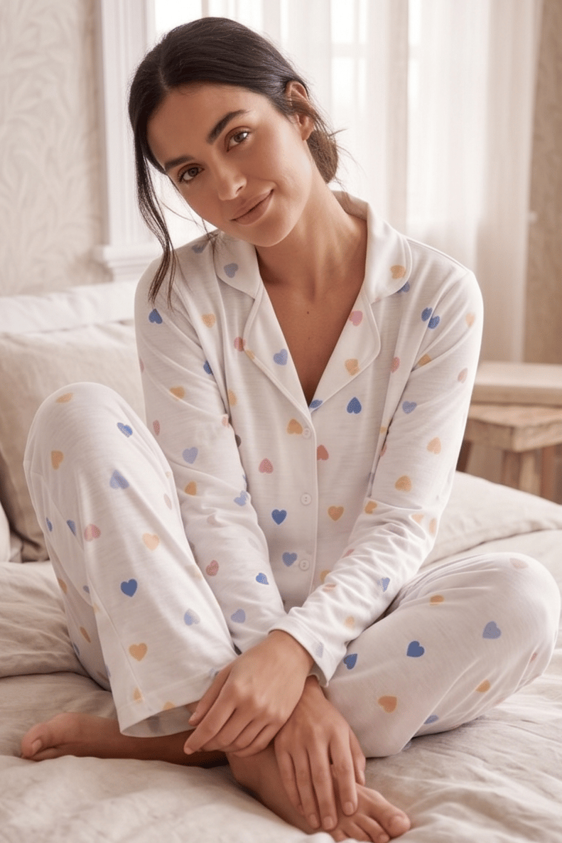 :Renkli Kalp Desenli Beyaz Kısa Kollu Pijama Takımı