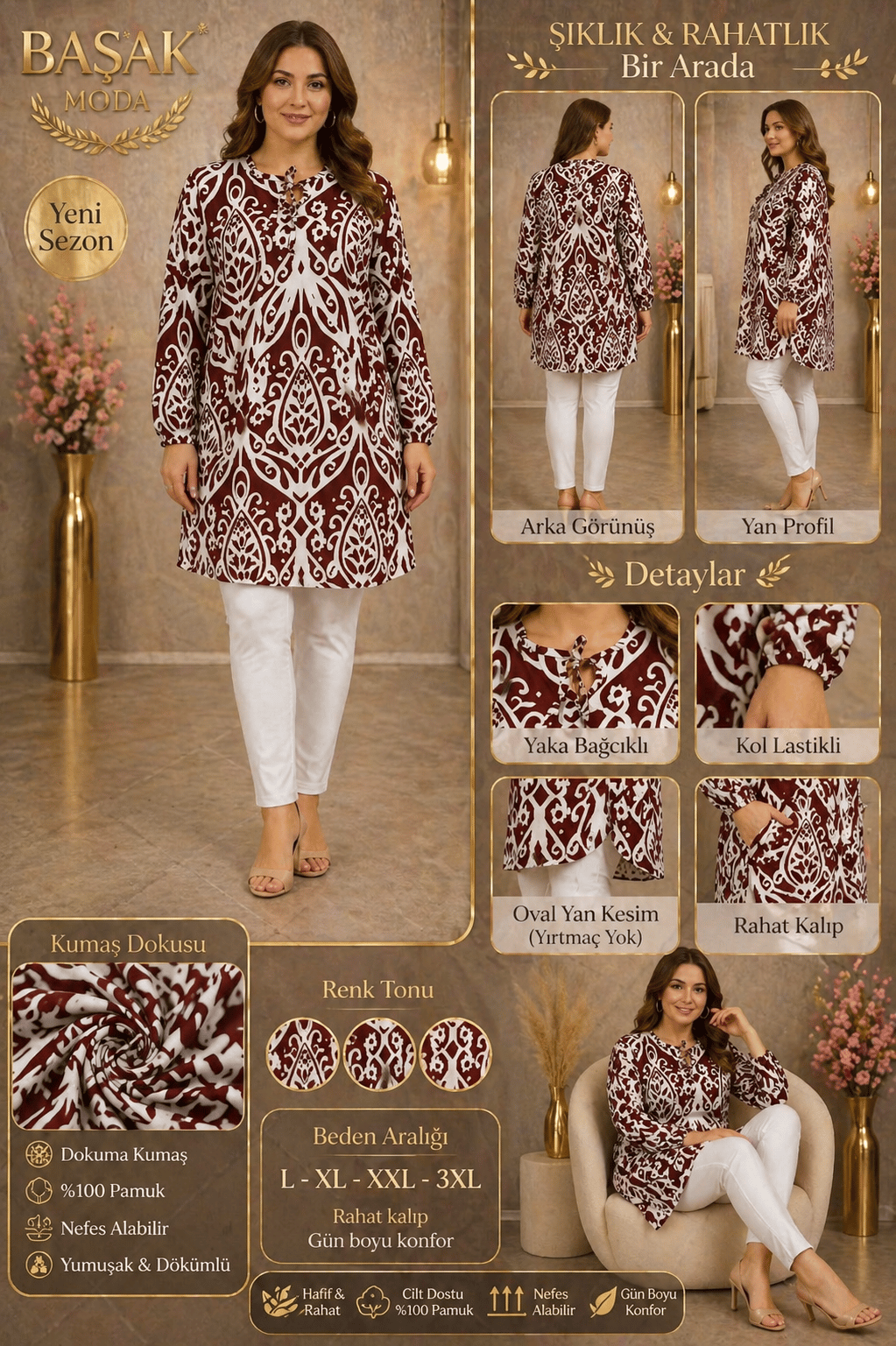 Dokuma Tunik - Bordo | Beyaz Desenli