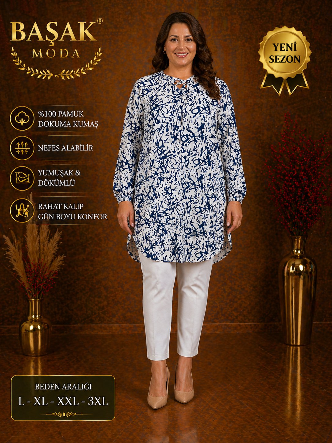 Dokuma Tunik - Lacivert | Beyaz Soyut Desenli