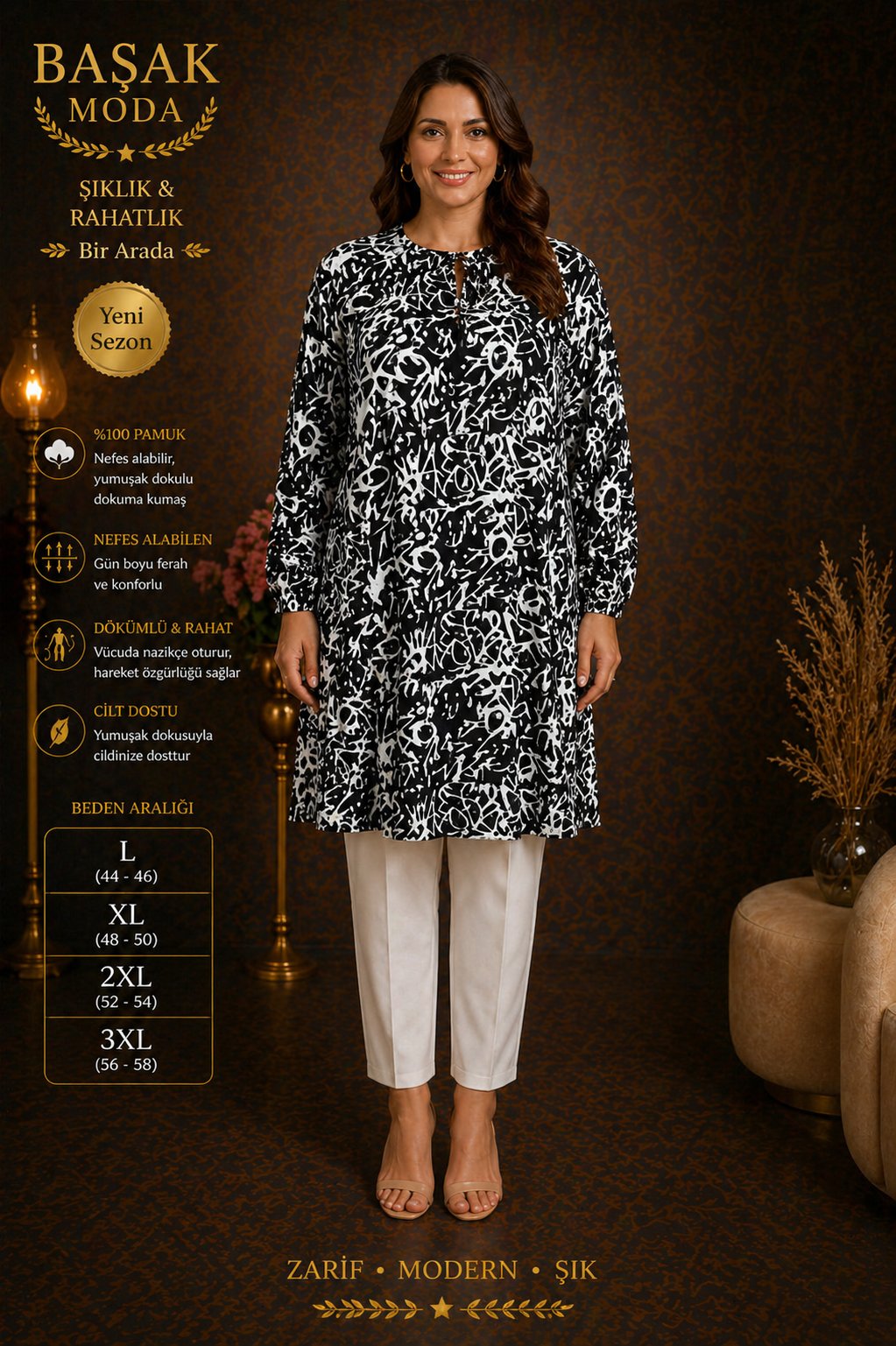 Dokuma Tunik - Siyah | Beyaz Desenli