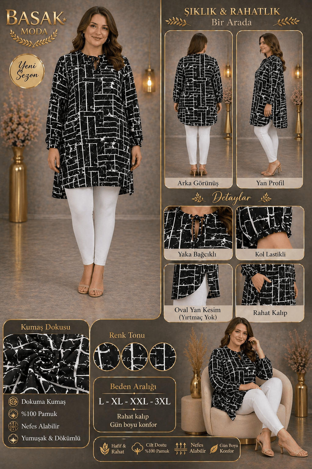 Dokuma Tunik - Siyah | Beyaz Geometrik Desen