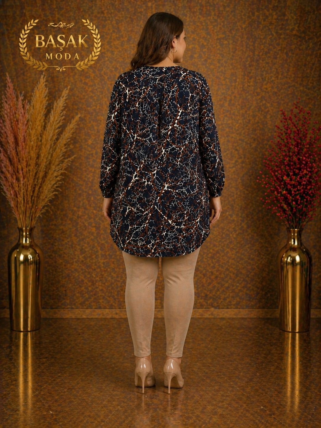 Dokuma Tunik -Siyah | Kahverengi | Beyaz Soyut Desenli