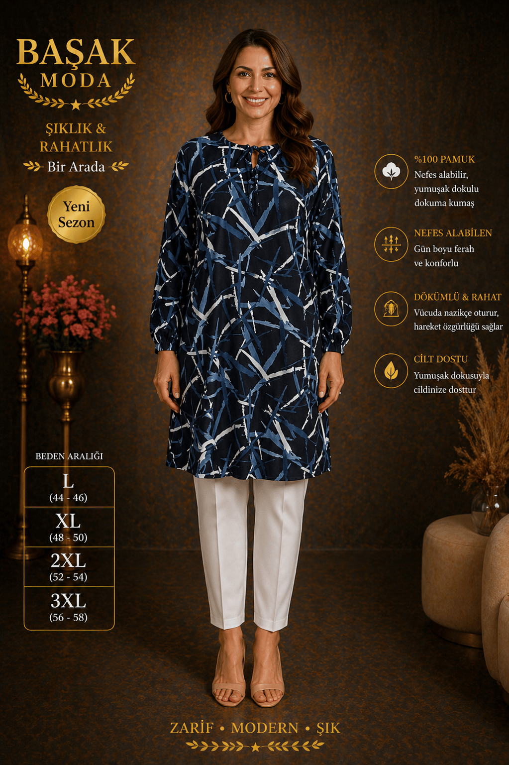 Dokuma Tunik - Siyah | Mavi | Beyaz Desenli