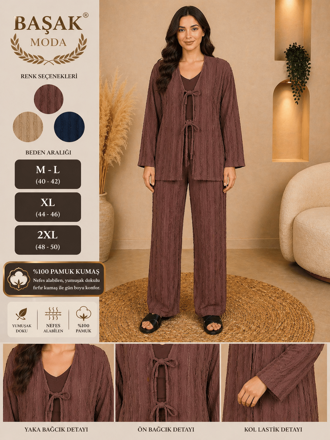 Fırfır Kumaş Kimono İkili Takım - Kahverengi