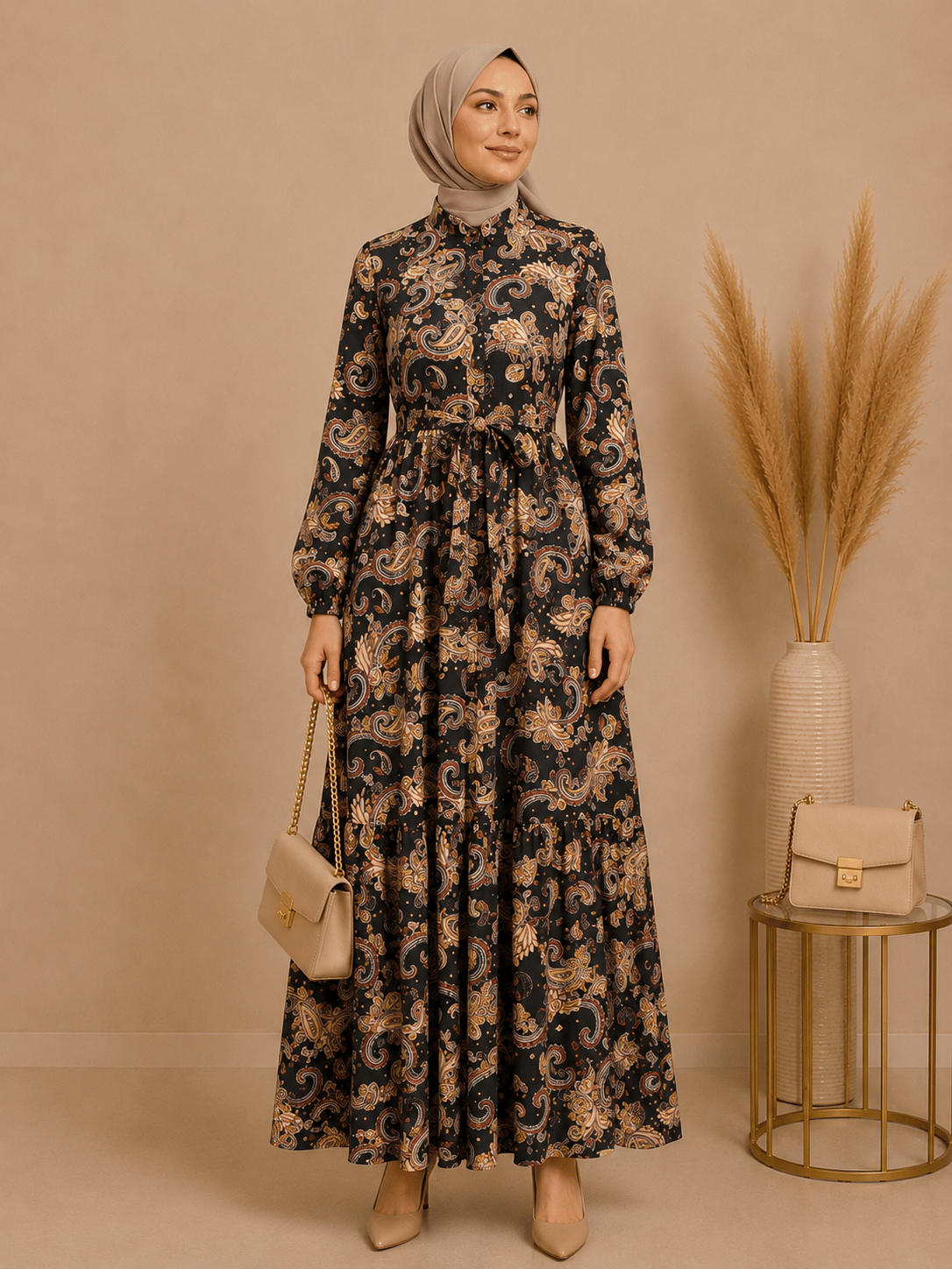 MK MODA BAŞAK YAZLIK DESENLİ MANGO KUMAŞ RAHAT KALIP ELBİSE