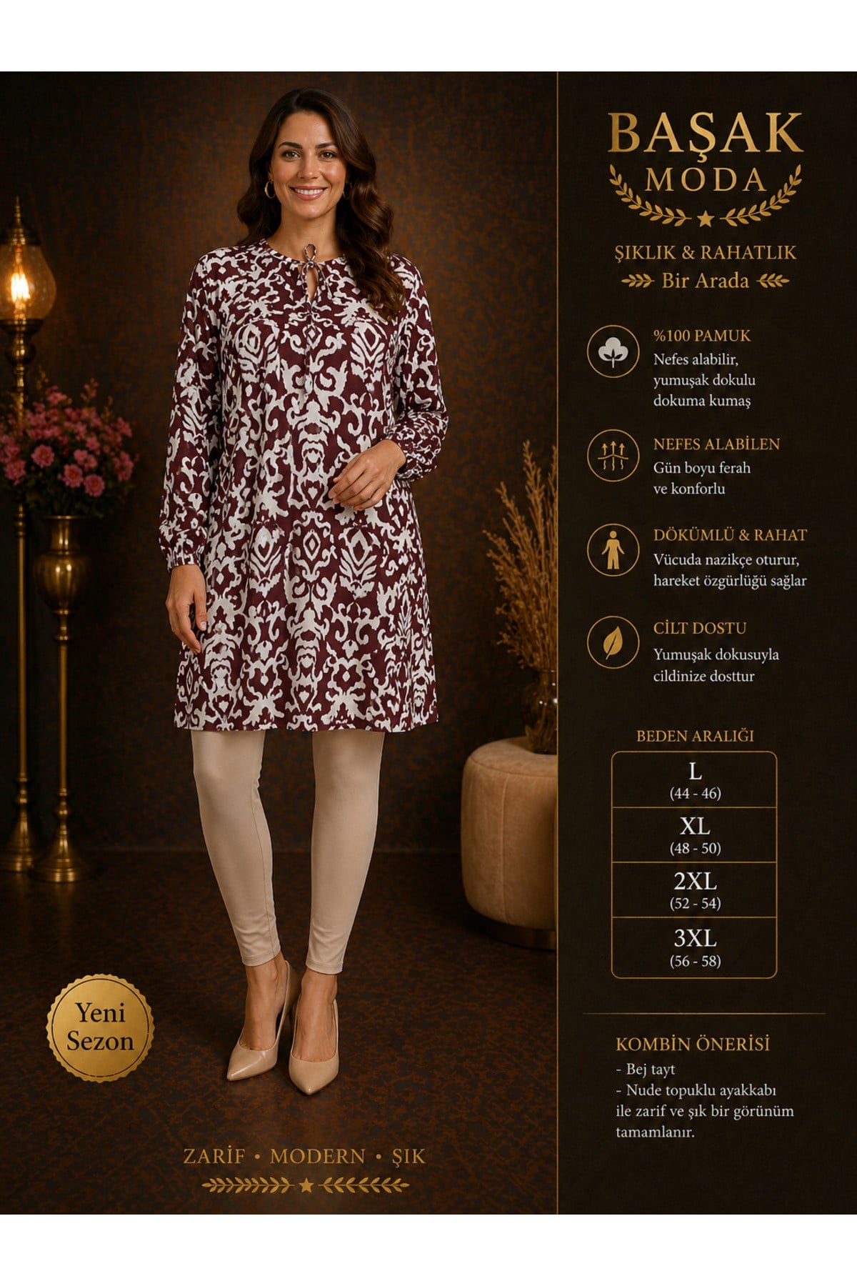 MODA BAŞAK %100 PAMUK DOKUMA DESENLİ TUNİK RAHAT KESİM BÜYÜK BEDEN