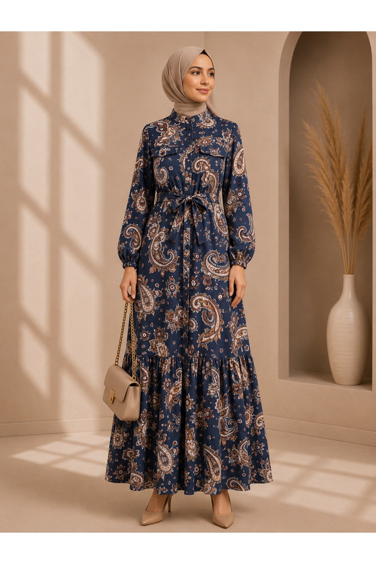 MODA BAŞAK YAZLIK DESENLİ MANGO KUMAŞ RAHAT KALIP ELBİSE