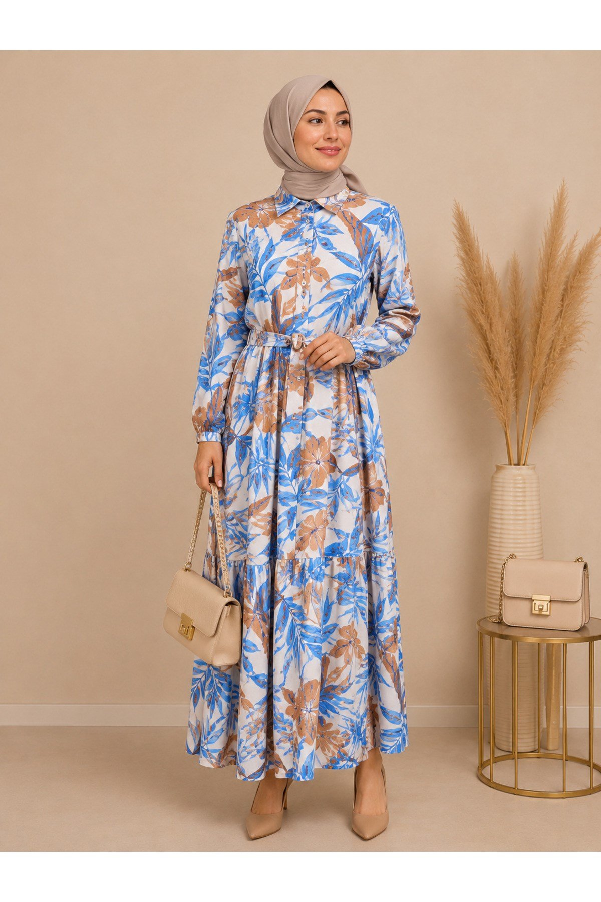 MODA BAŞAK YAZLIK DESENLİ MANGO KUMAŞ RAHAT KALIP ELBİSE