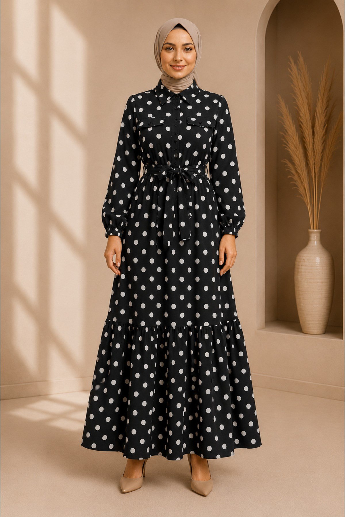 MODA BAŞAK YAZLIK PUANTİYELİ MANGO KUMAŞ RAHAT KALIP ELBİSE