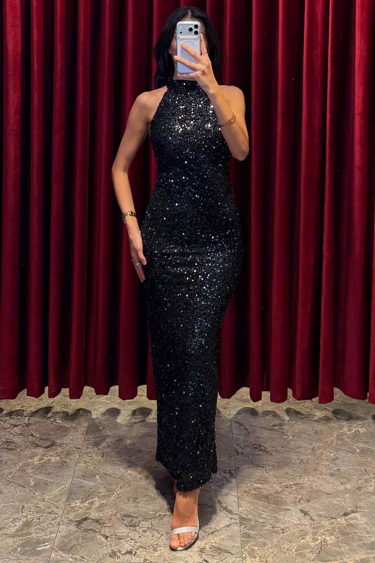 Halter Yaka Payetli Yırtmaçlı Abiye siyah