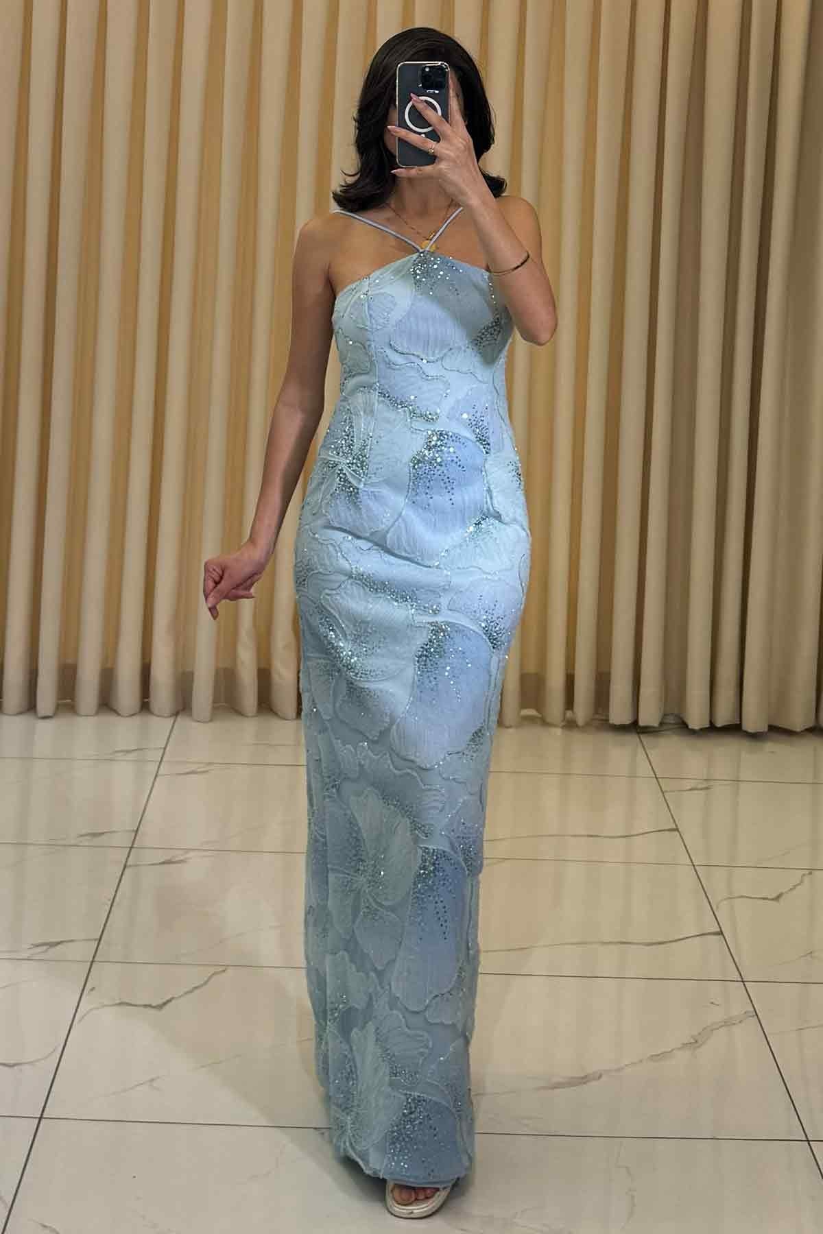 Pul Payet İşlemeli Sırt Dekolteli Uzun Abiye Bebe Mavi