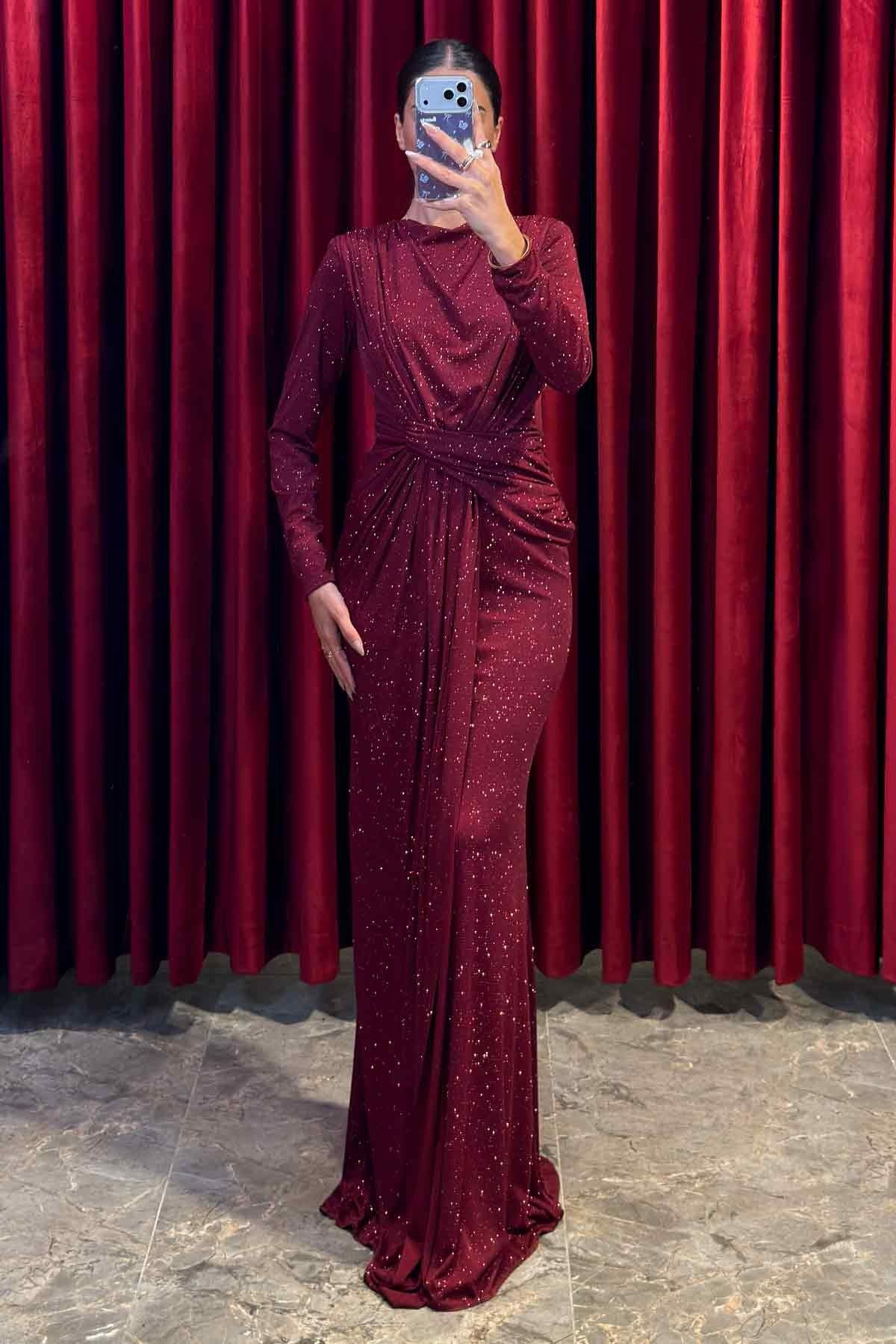 Sim Detaylı Belden Oturtmalı Balık Model Abiye Bordo 