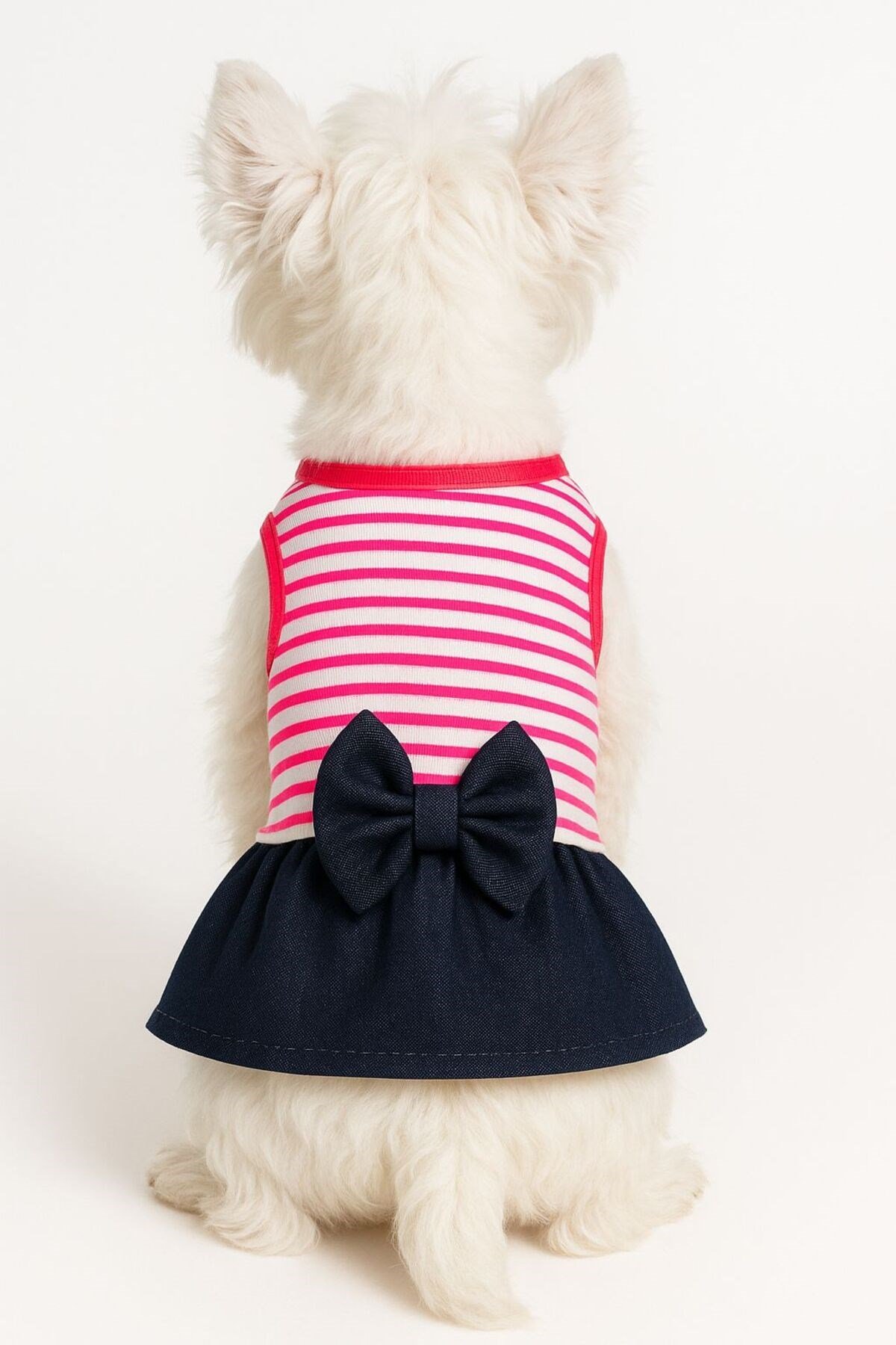Küçük Irk Neon Pembe Çizgili Mini Kot Etek Köpek Kıyafeti Köpek Elbisesi (1-10KG)
