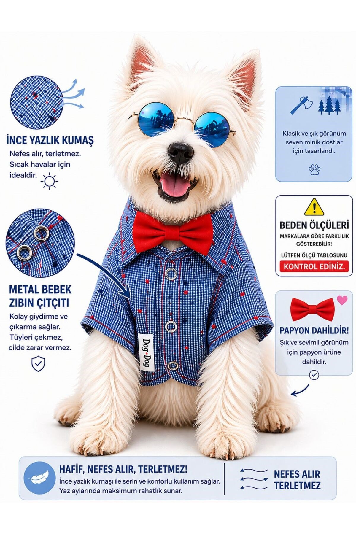 Küçük Irk Papyonlu Yazlık Mavi Ekose Köpek Gömleği Kedi Gömleği Köpek Kıyafeti (1-10KG)