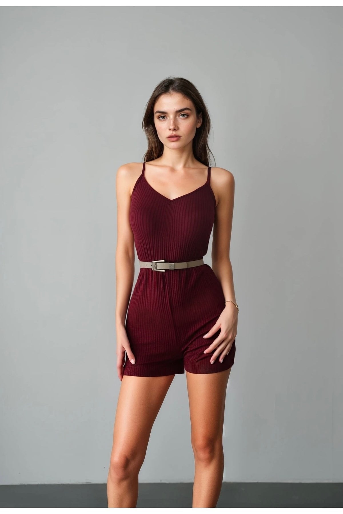 Kadın Beli Lastikli Askılı Şort Tulum