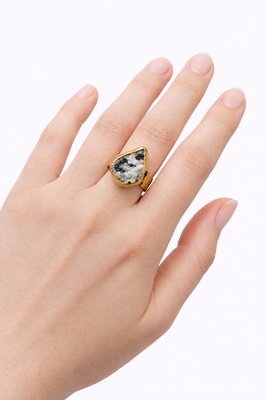 Dendritik opal taşlı 14 ayar altın kaplama pirinç yüzük
