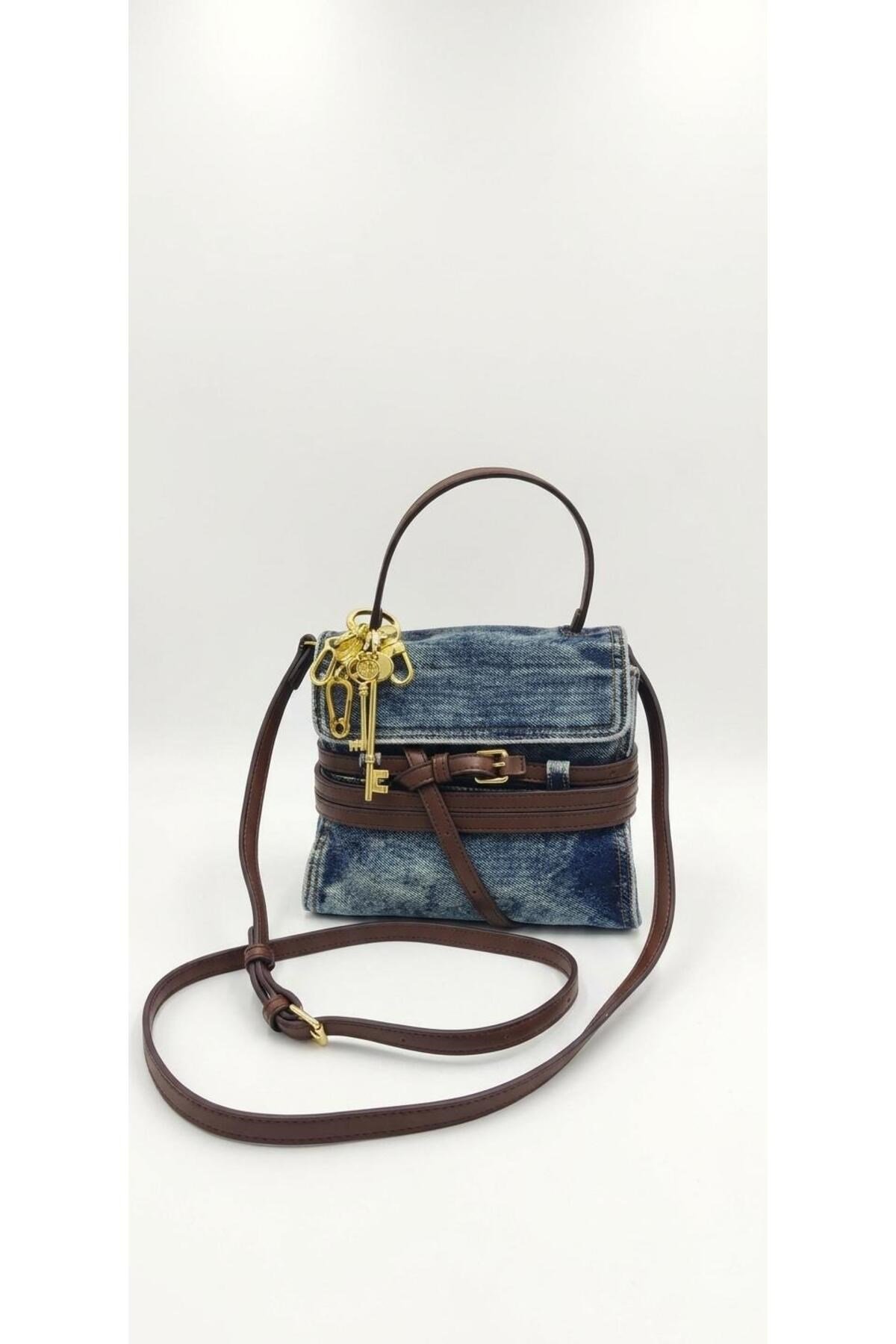 Denim Kot El ve Omuz Çantası - Kahve Deri Garnili Anahtar Aksesuarlı Çapraz Askılı Çanta