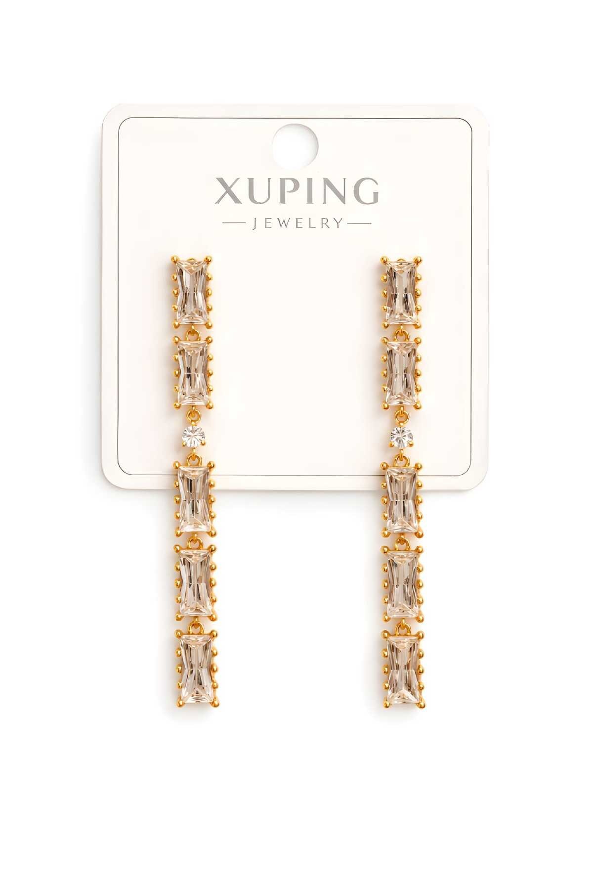 Rose Gold Çelik Baget Taşlı Uzun Zincir Tasarım Sallantılı Kadın Küpe