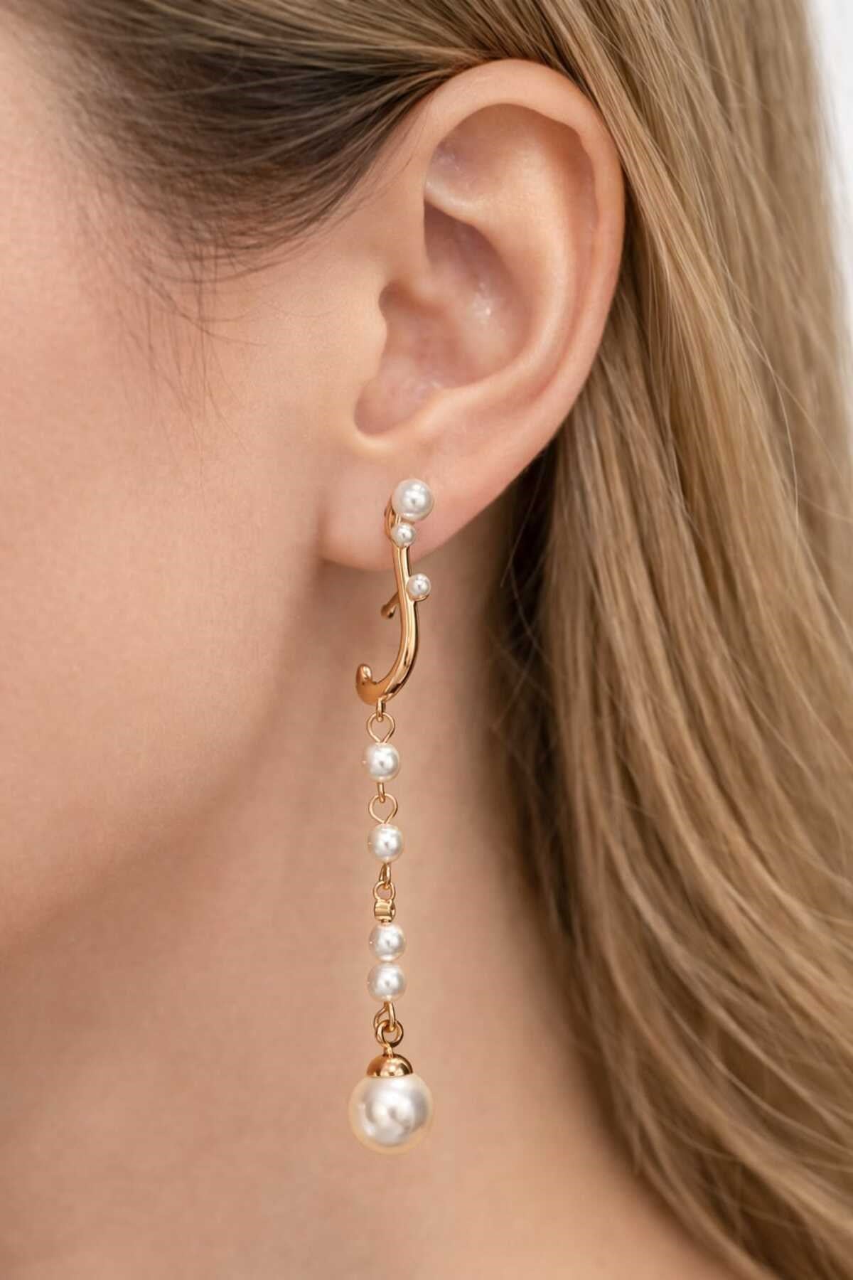 Rose Gold Çelik İnci Detaylı Uzun Zincir Tasarım Sallantılı Kadın Küpe