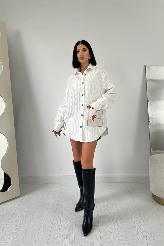 Beyaz Oversized Polo Yaka Gömlek