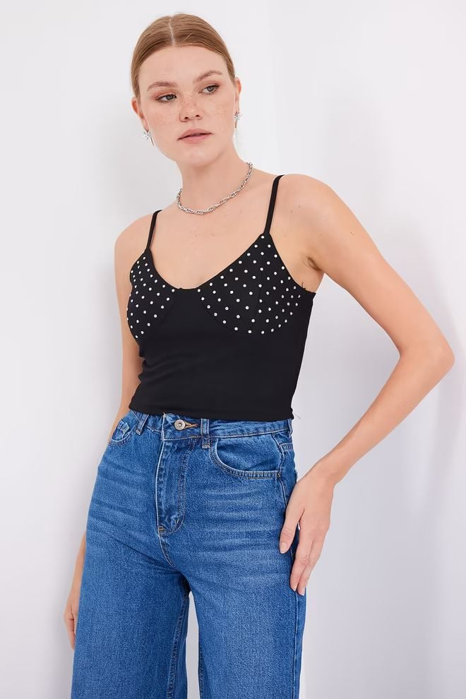 Bigdart İp Askılı Crop Top -SİYAH