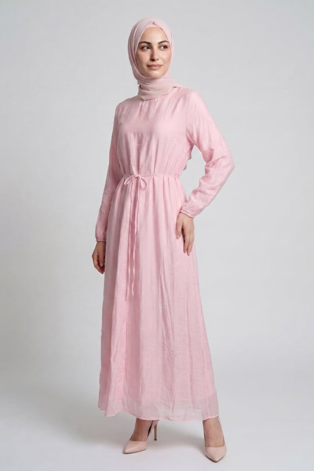 Bağcıklı Vual Astarlı Vual Elbise - Pembe