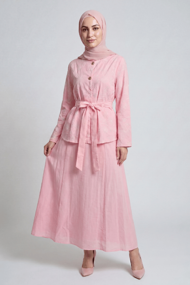 Çiçek Nakışlı İki Düğmeli Keten Etekli Takım - Pembe